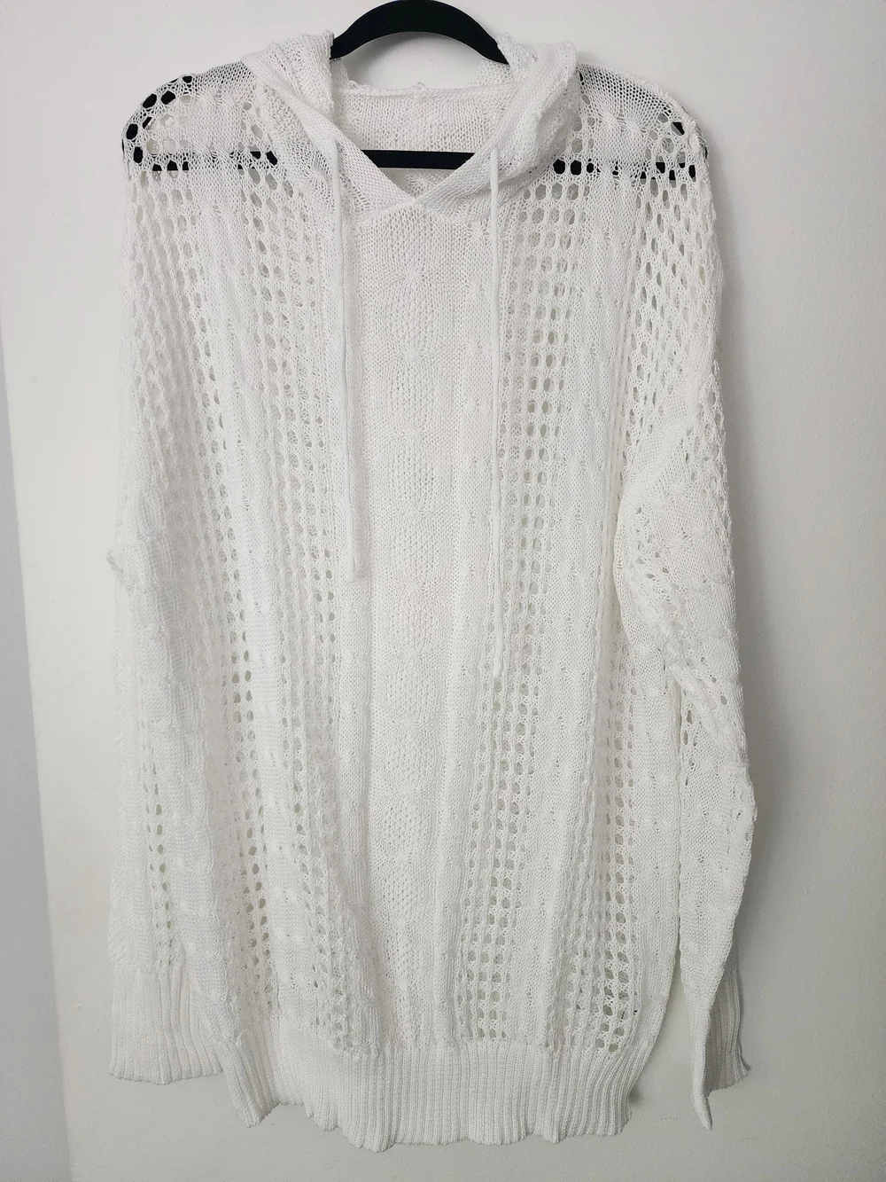White Crochet Hooded Beach Cover-Up Sweater